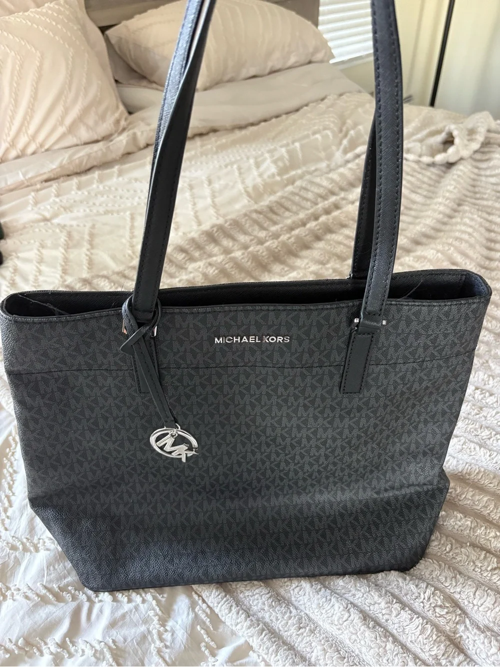 Michael Kors Black MK Logo Tote with Silver Charm
